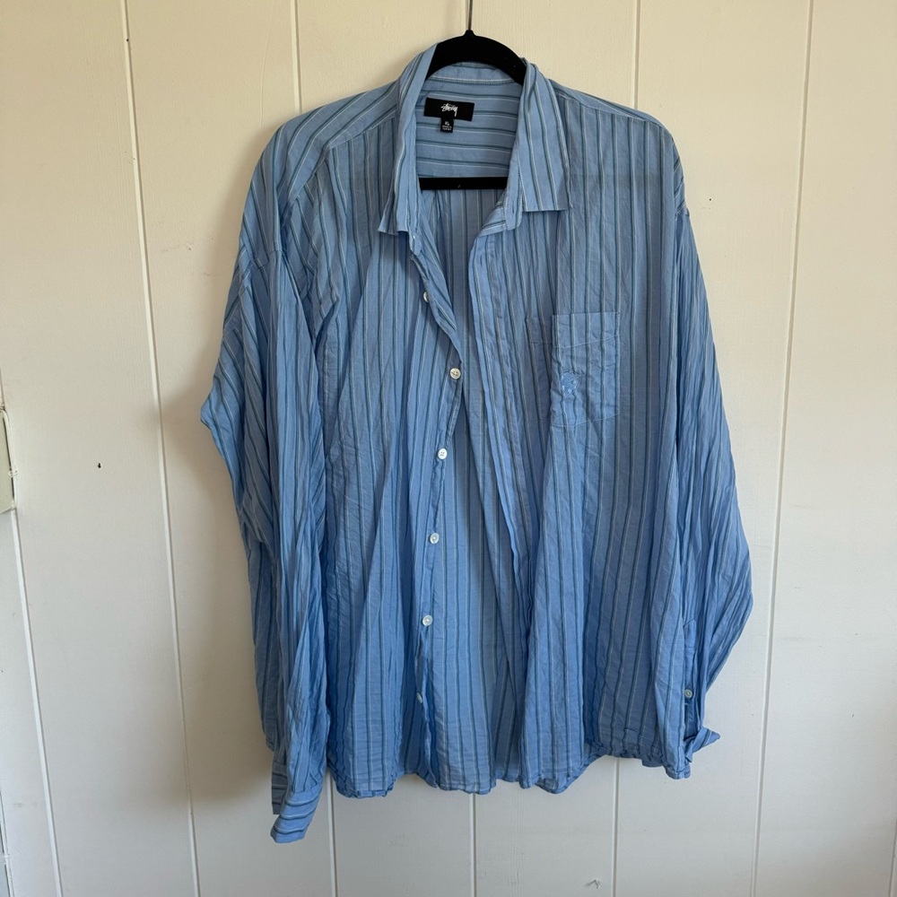 Stussy XL Blue Long Sleeve Button Up Blouse 100% Cotton